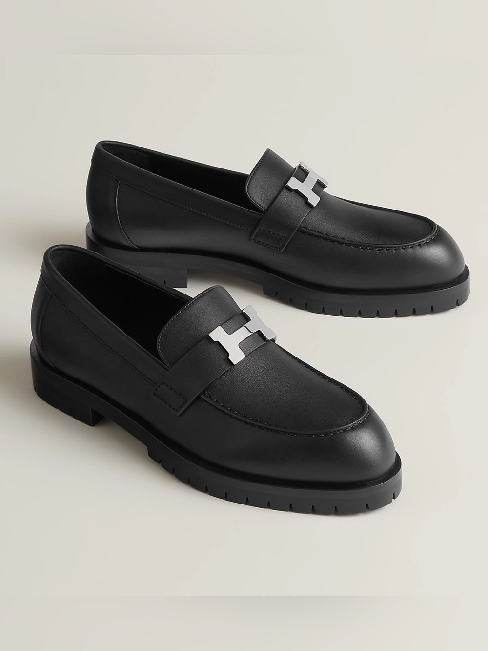 Hermes Black Faubourg Leather Loafers with Silver H Hardware 36